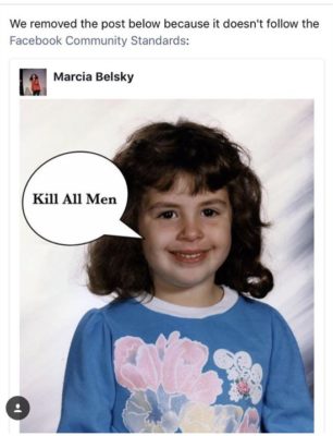 Bilde av jente med tankeboble med teksten ‘Kill all men’, postet av Marcia Belsky