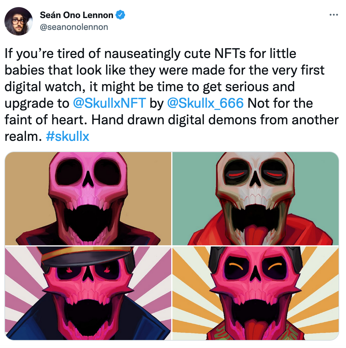 Tweet av Sean Ono Lennon: If you’re tired of nauseatingly cute NFTs for little babies that look like they were made for the very first digital watch, it might be time to get serious and upgrade to @SkullxNFT by @Skullx_666 Not for the faint of heart. Hand drawn digital demons from another realm. #skullx