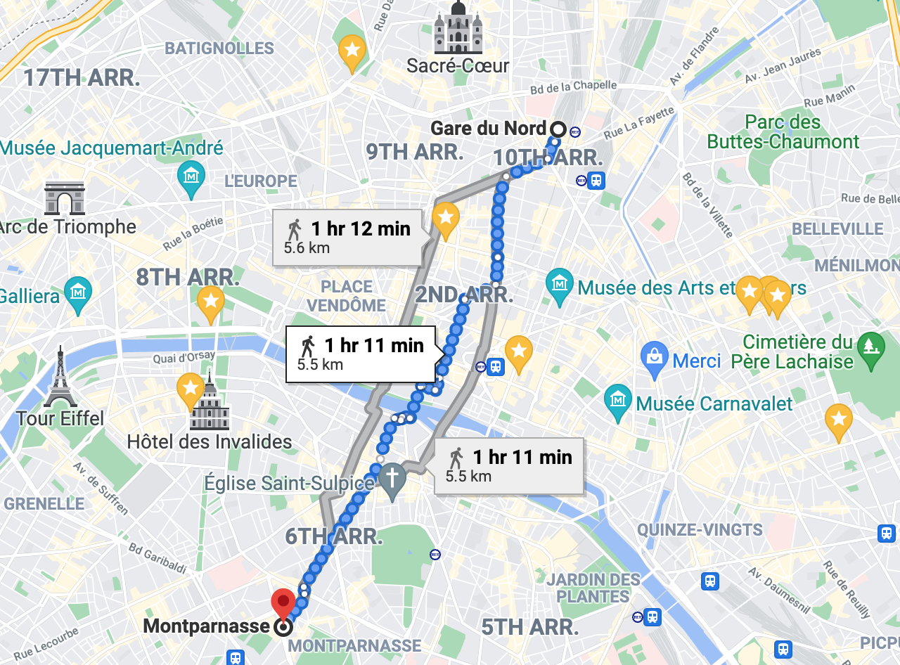 Google Maps gangrute fra Gare du Nord til Gare de Montparnasse i Paris