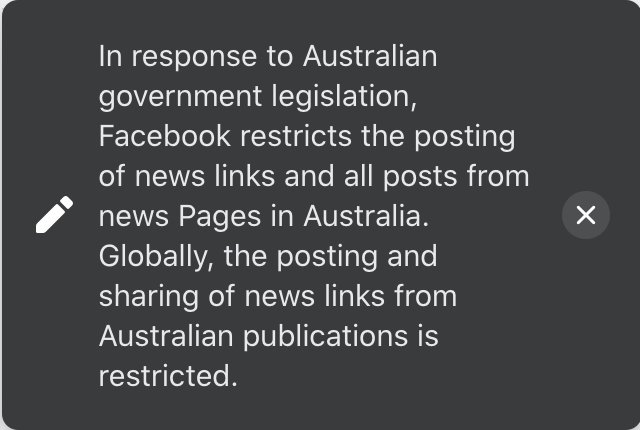 Meldingen som dukker opp hvis du prøver å poste linker til australske medier